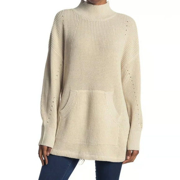 RDI Sweaters - RDI Mock Neck Kangaroo Pocket Ribbed Tunic Sweater In Cream XL A003588